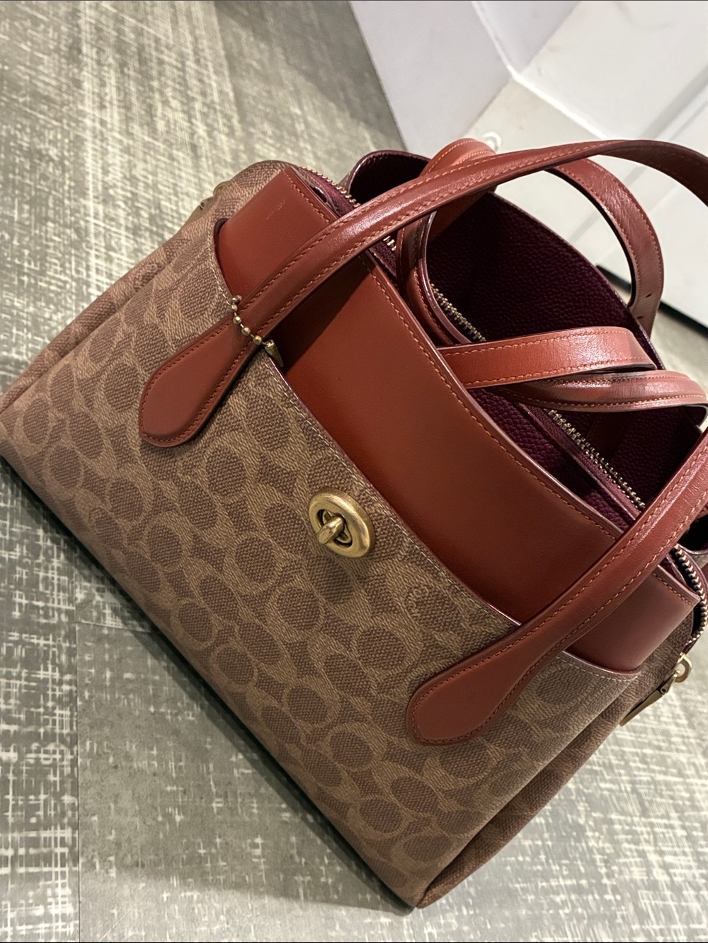 Coach Brown Signature Canvas Satchel with Rust Leather Trim